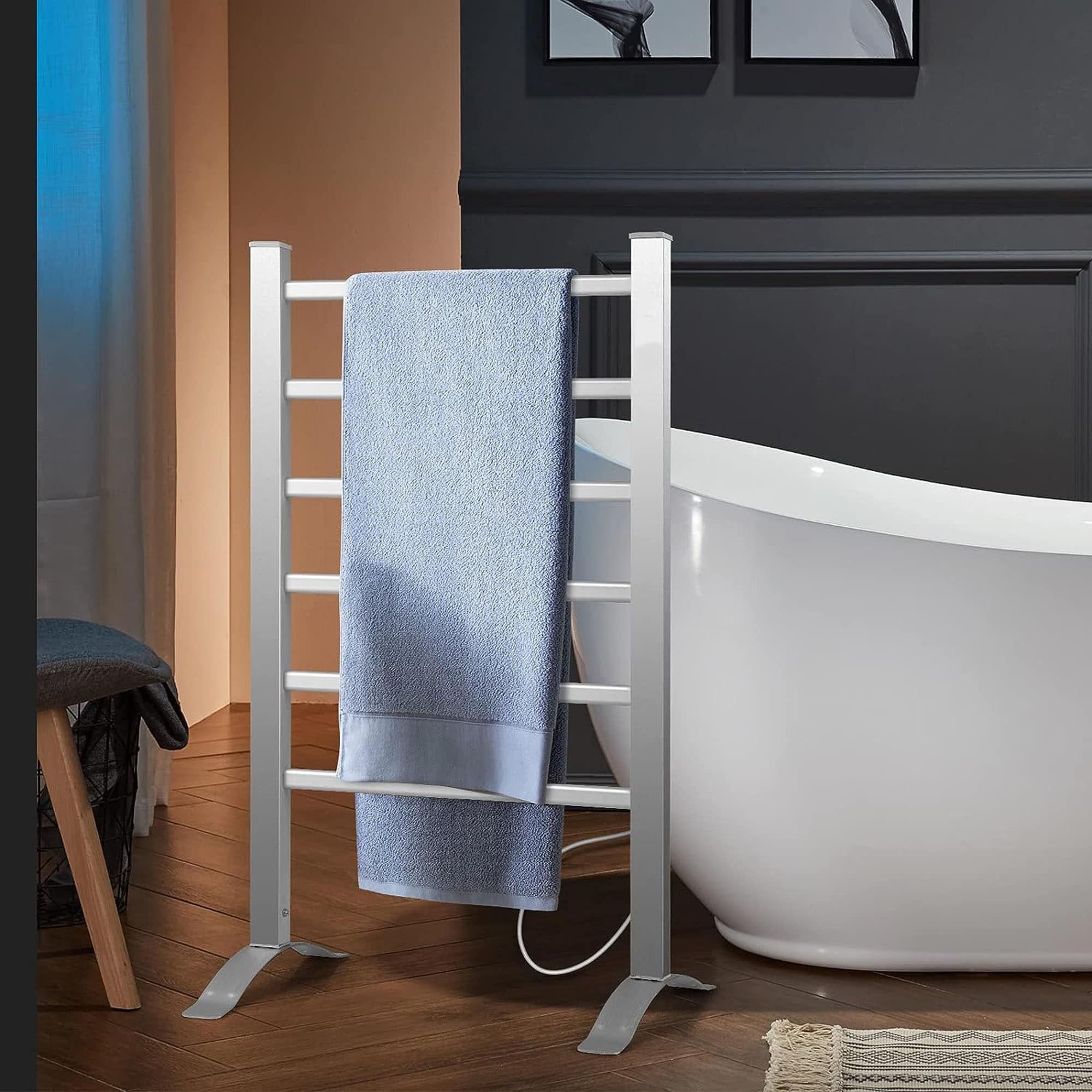Electric Heated Towel Rack for Bathroom, Silver Color Wall Mounted OR Freestanding Towel Warmer, 6 Stainless Steel Bars Drying Rack