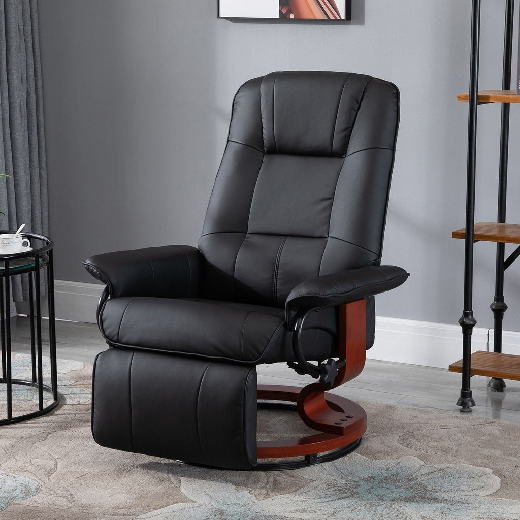 Living Room Relaxation: Black Faux Leather Swivel Recliner with Adjustable Footrest