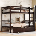 Twin Over Twin Rubber Wood Bunk Bed with 2 Drawers, Convertible into 2 Twin Beds, Twin Size Bunk Bed with Ladder and Safety Guardrails