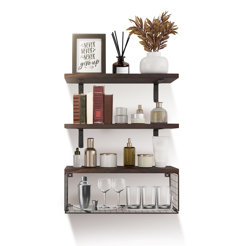 Rustic 2-in-1 Floating Shelves & Storage Basket - Durable Paulownia Wood, 66Lbs Capacity, Corrosion-Resistant Wall Decor