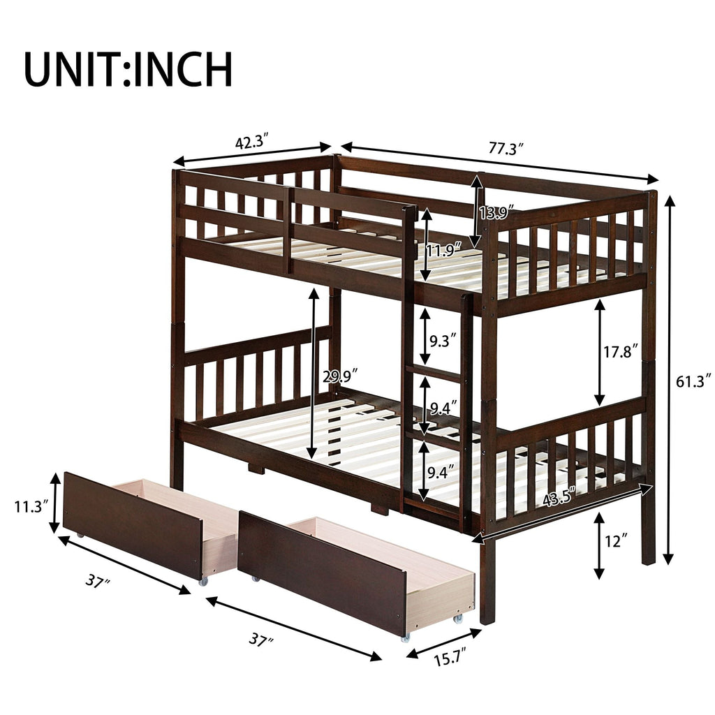 Twin Over Twin Rubber Wood Bunk Bed with 2 Drawers, Convertible into 2 Twin Beds, Twin Size Bunk Bed with Ladder and Safety Guardrails