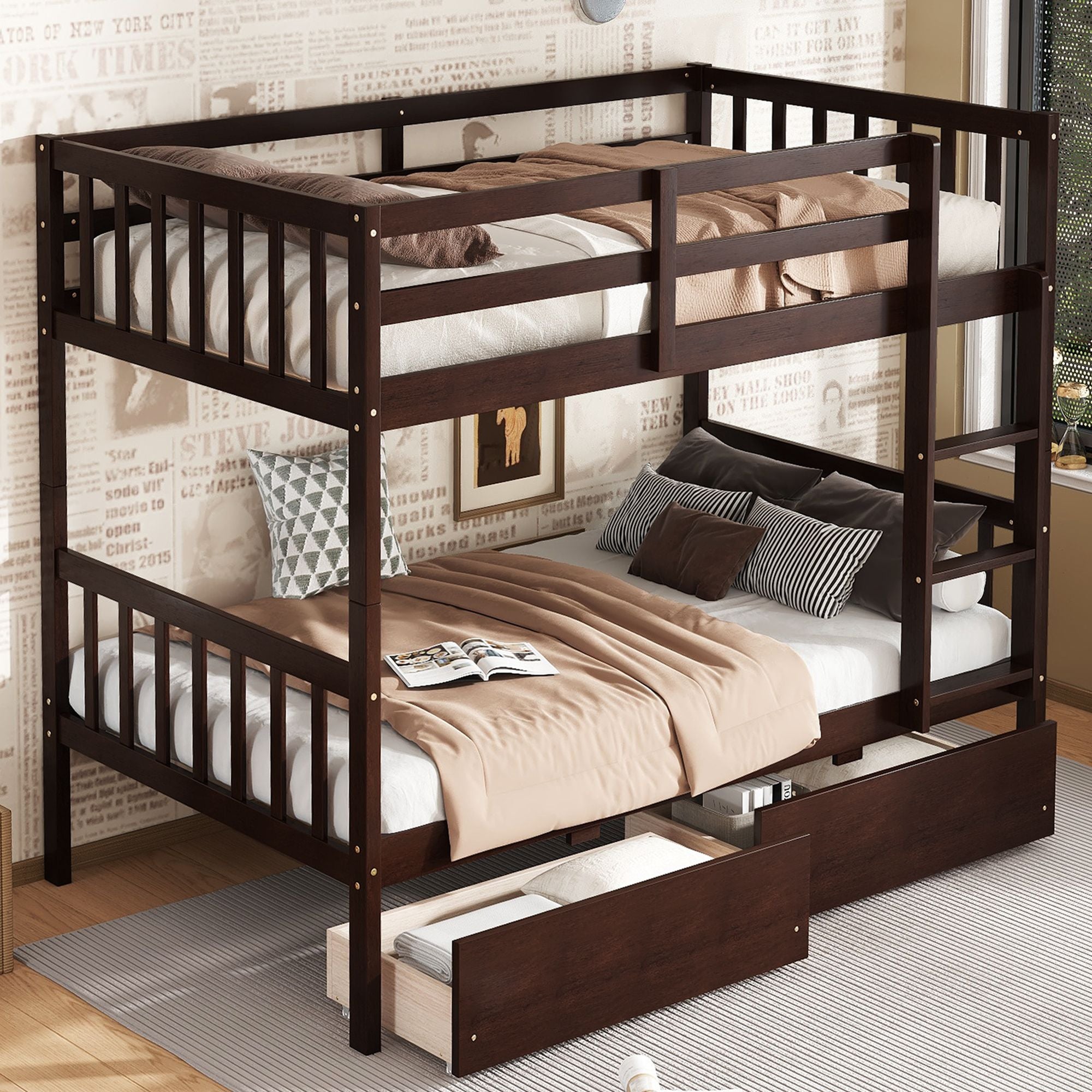 Twin Over Twin Rubber Wood Bunk Bed with 2 Drawers, Convertible into 2 Twin Beds, Twin Size Bunk Bed with Ladder and Safety Guardrails