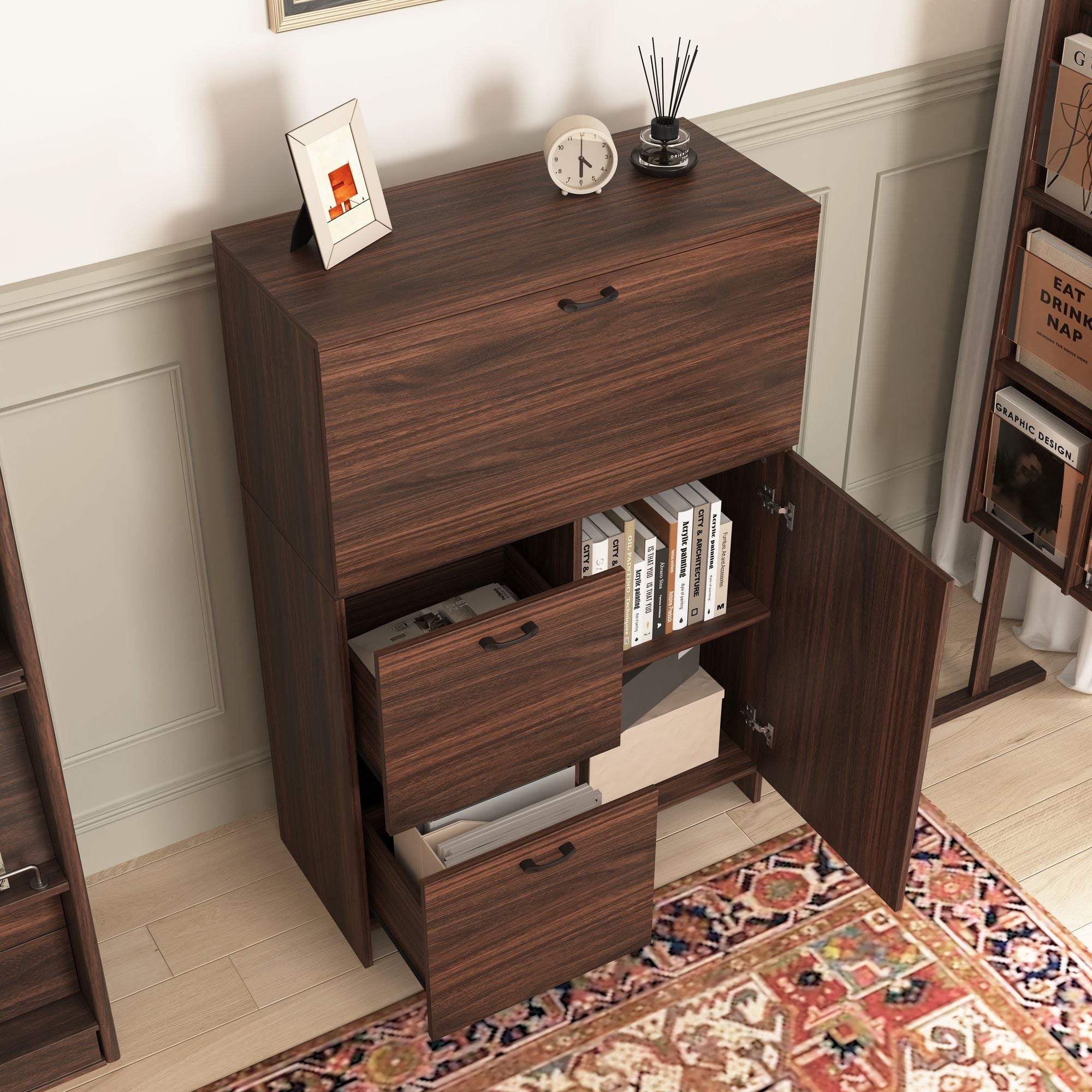 Bar Cabinet with Storage Drawer & Shelves, Fold-up Desktop, Ideal for Home,Dormitory, Small Spaces