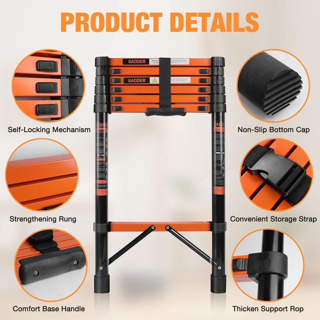 Telescopic Roof Ladder, Heavy-Duty Stainless Steel with Anti-Slip Feet, 330 LBS Load Capacity, Suitable for RV, Roof & Multi-Scene Use