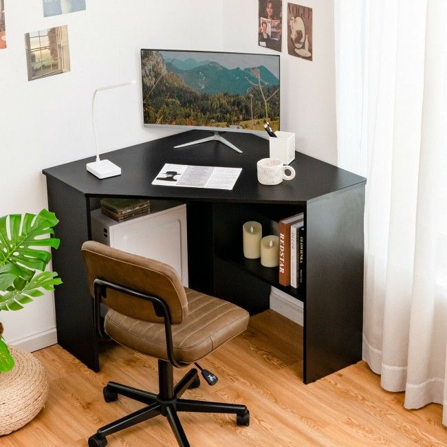 Corner Computer Desk Triangle Writing Workstation with Storage Shelf