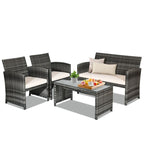 4 Pieces Patio Rattan Furniture Set with Glass Table and Loveseat