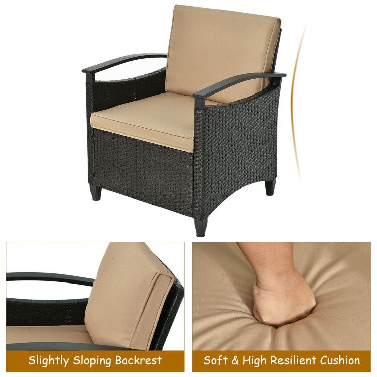 3 Pieces Patio Rattan Furniture Set Cushioned Sofa Storage Table with Shelf Garden
