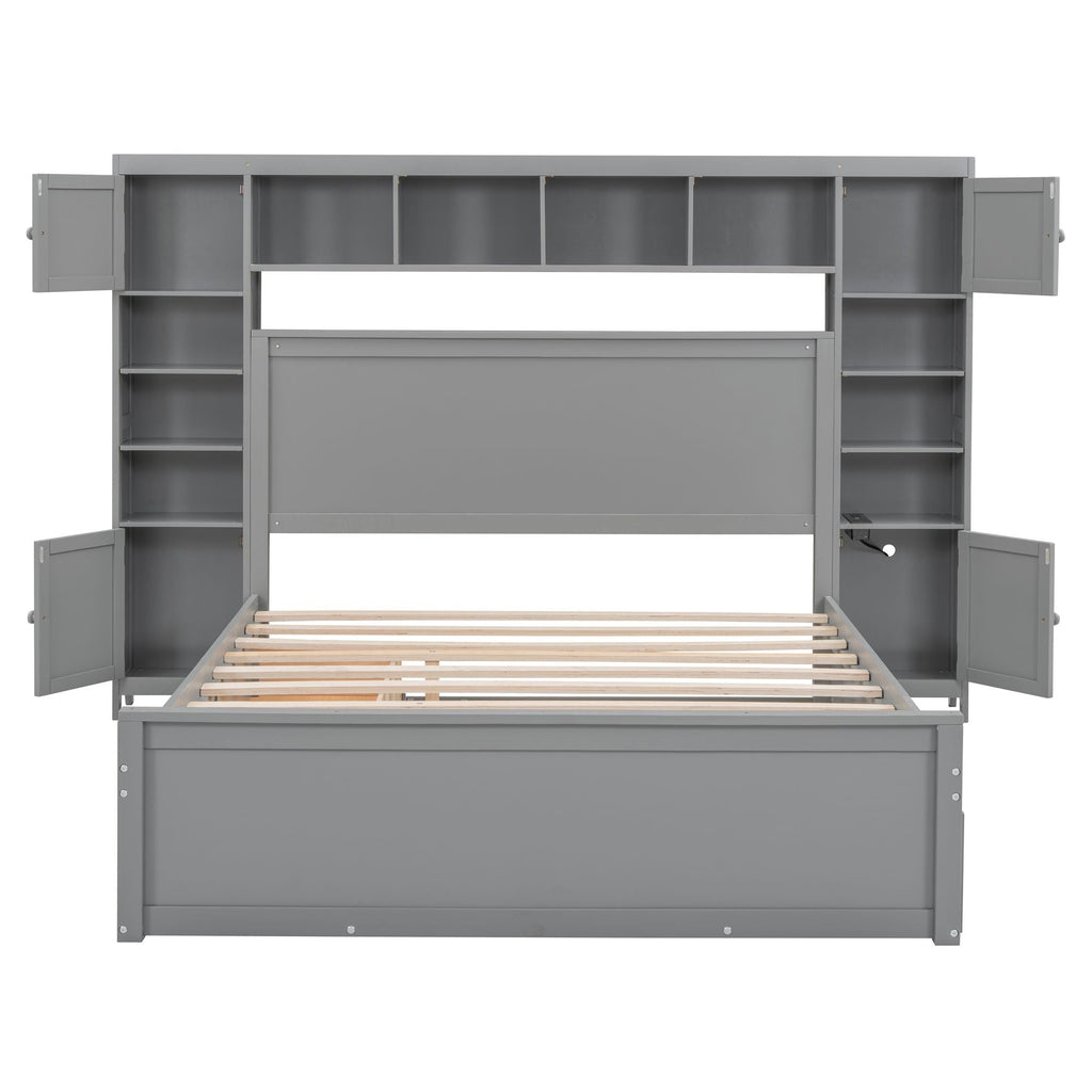Queen Size Wooden Bed With All-in-One Cabinet, Shelf and Sockets,Twin XL Trundle, Gray