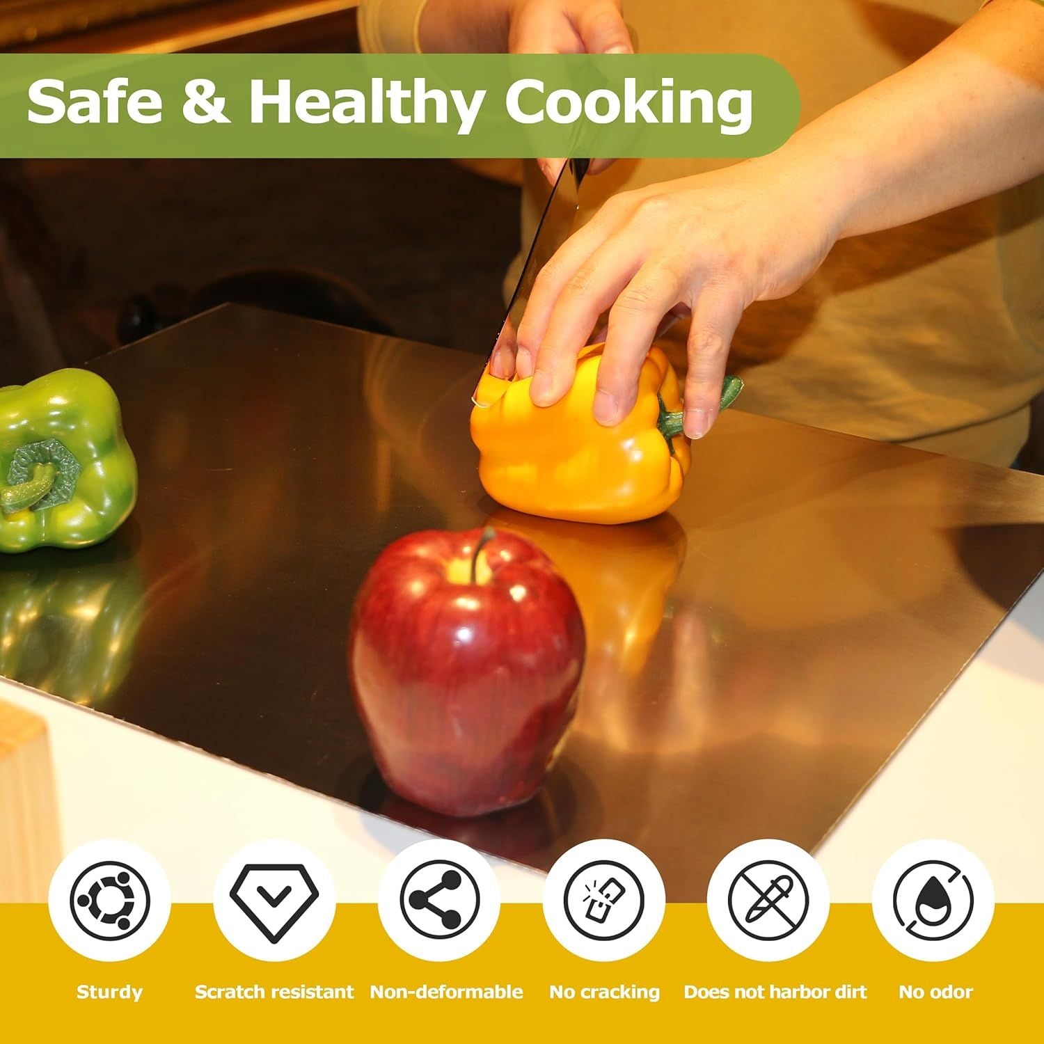 Stainless Steel Cutting Board with Lip for Kitchen Chopping Boards for Countertop Large Metal Cutting Board over Sink Suitable for Meat Fruits Vegetables Bread Noodle and Pizza Bamboo Knives