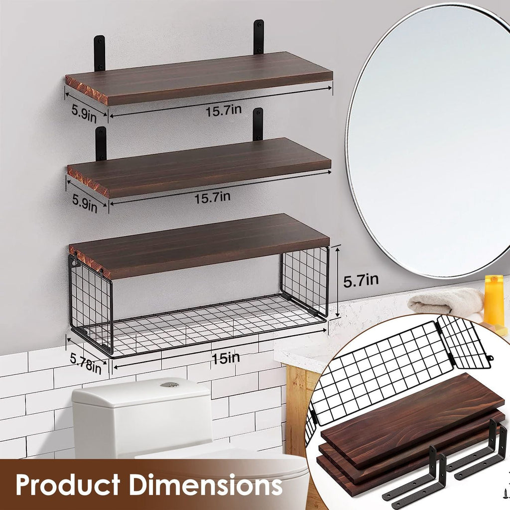 Rustic 2-in-1 Floating Shelves & Storage Basket - Durable Paulownia Wood, 66Lbs Capacity, Corrosion-Resistant Wall Decor