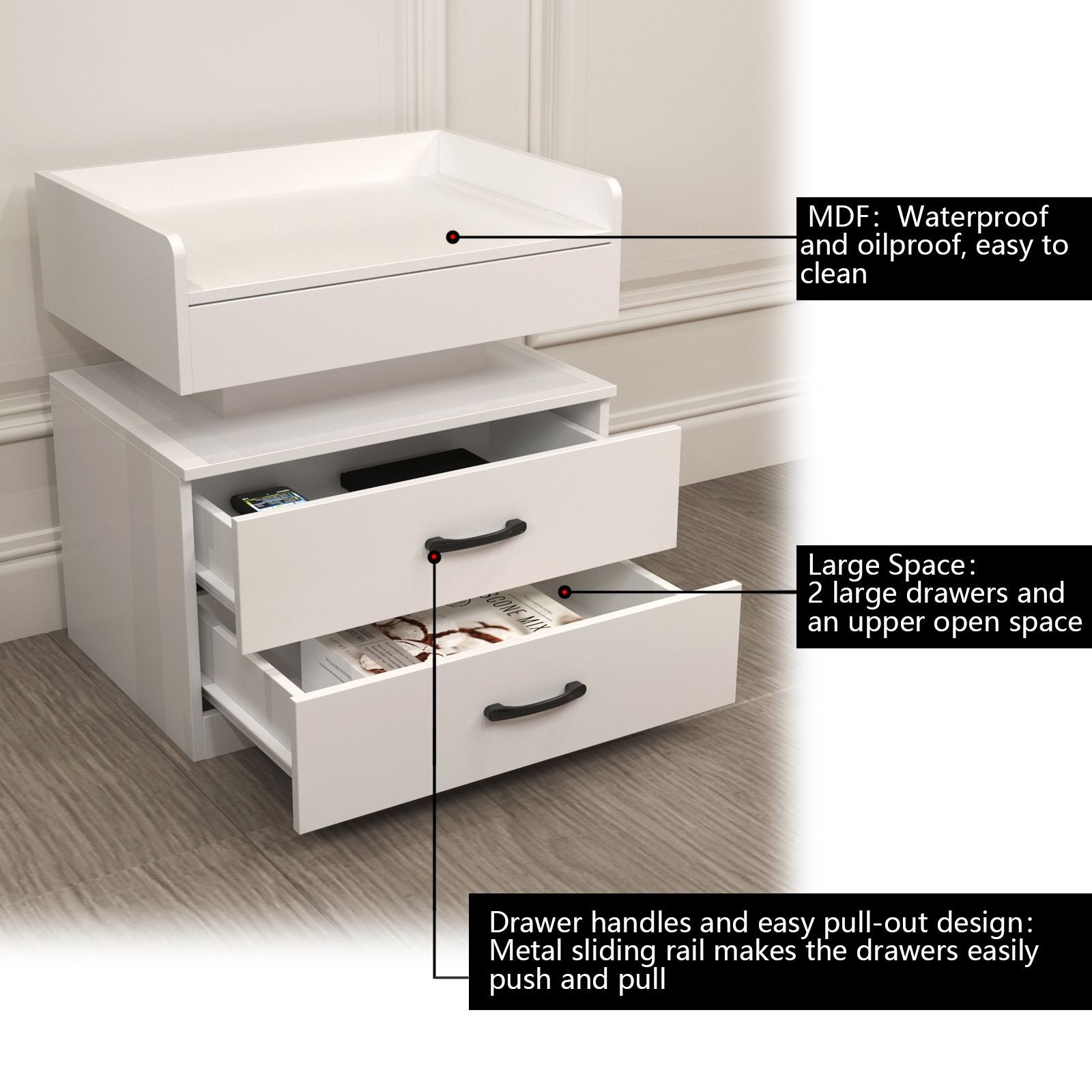 2 Set Nightstand with Adjustable LED Strip Light, 2-drawers, Large Storage Space, Suitable for Bedside Table, Coffee Table, Sofa Side Table or End Table for Study Desk