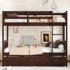 Twin Over Twin Rubber Wood Bunk Bed with 2 Drawers, Convertible into 2 Twin Beds, Twin Size Bunk Bed with Ladder and Safety Guardrails