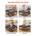 Large Square Ottoman Coffee Table, 34.5 Inch Tufted Coffee Table with Solid Wood Shelf Storage, Linen Solid Upholstered Footrest Ottoman for Bedroom Living Room, 400 LBS, Dark Gray