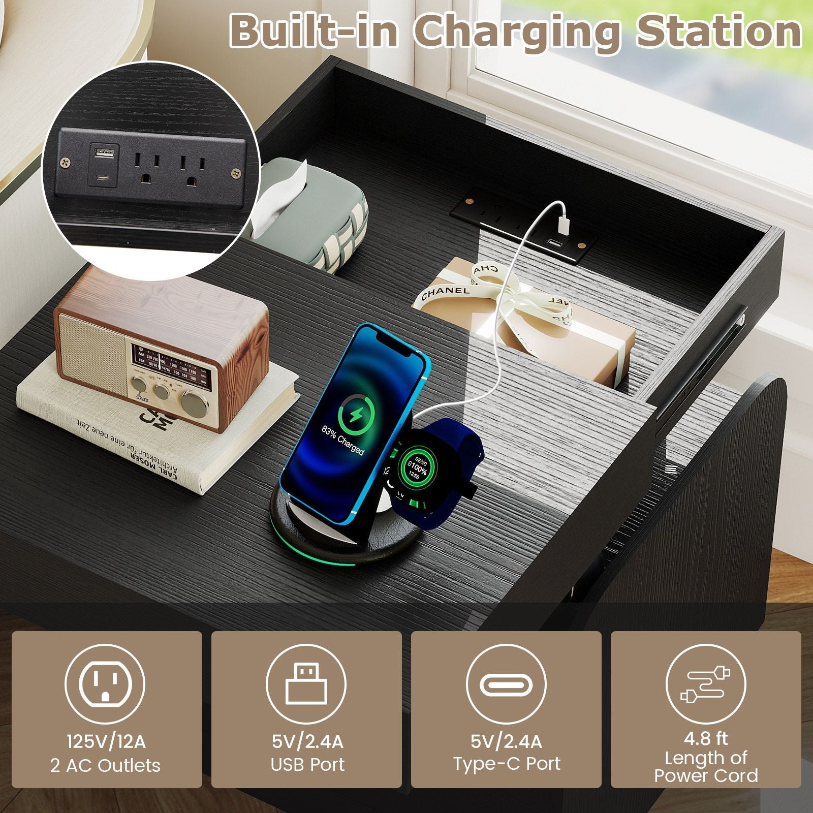 Nightstand with Charging Station Modern Bedside Table for Living Room Bedroom Office