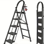 5 Step Ladder with Anti-Slip Pedals, Foldable Steel Step Stool with Tool Tray, 300LBS Capacity Portable Ladder for Home, Kitchen, Library, Office