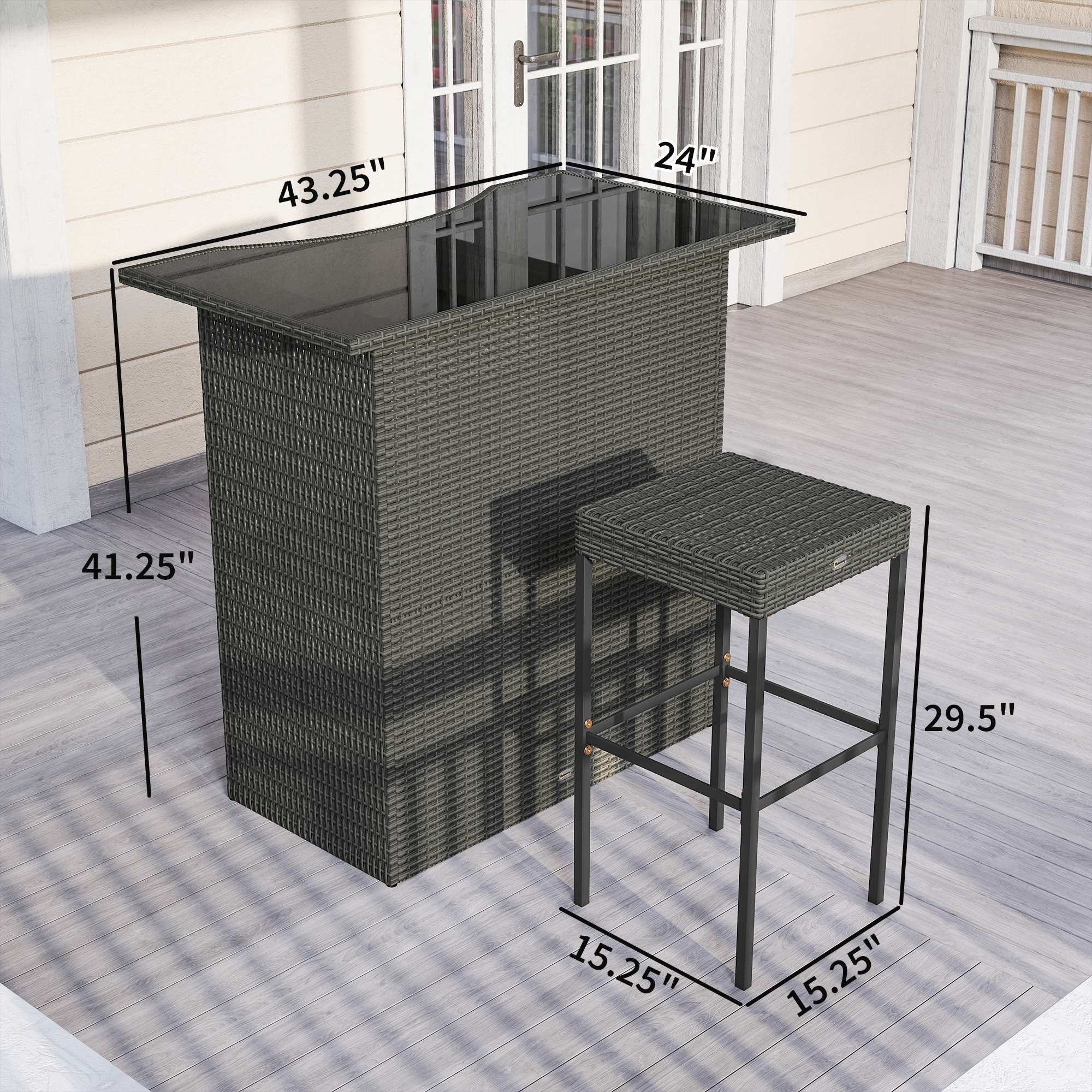 5 Piece Rattan Wicker Bar Set, High Top Outdoor Table and Chairs, Bar Height Patio Set, 2 Shelves & 4 Bar Stools, Gray