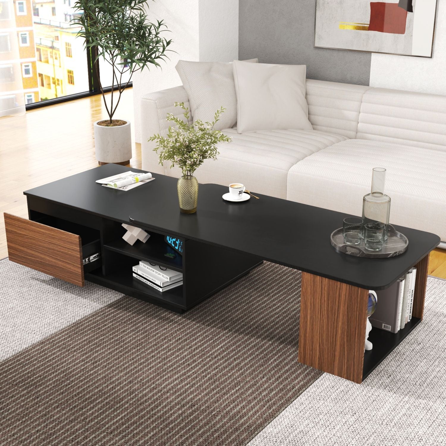 Versatile Extendable Wood Coffee Table with Adjustable Length & Dual Storage Drawers for Modern Living Rooms