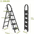 5 Step Ladder with Anti-Slip Pedals, Foldable Steel Step Stool with Tool Tray, 300LBS Capacity Portable Ladder for Home, Kitchen, Library, Office