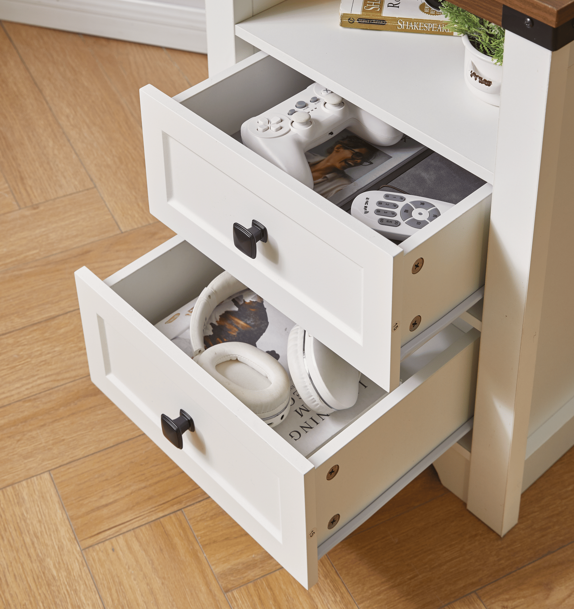 Farmhouse Side Table with Charging Station, Antique Nightstands with Drawers, Bedside Table with Open Shelf for Bedroom