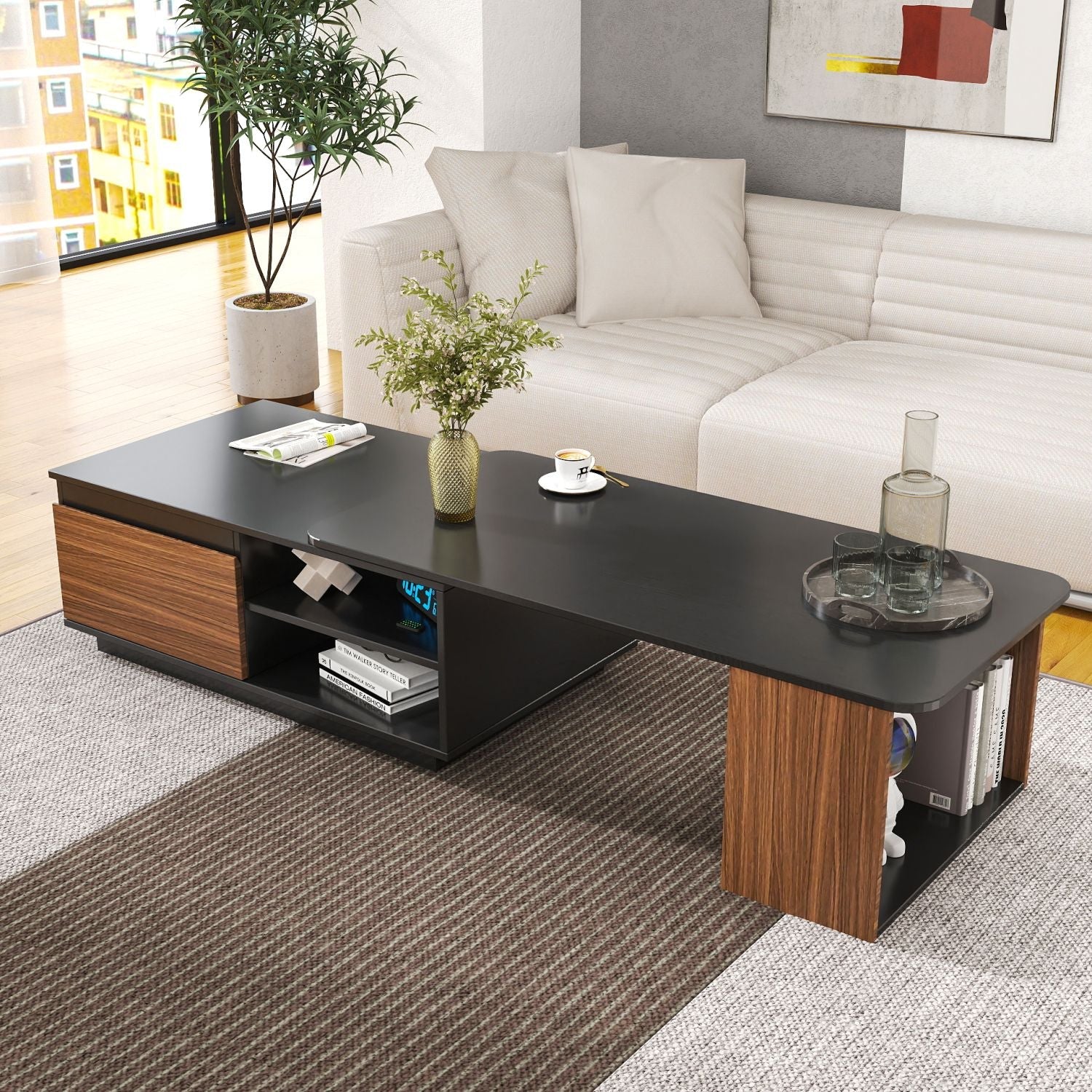 Versatile Extendable Wood Coffee Table with Adjustable Length & Dual Storage Drawers for Modern Living Rooms