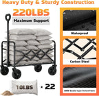 Collapsible Foldable Wagon Cart with Wheels - 220LBS Heavy Duty Folding Wagon Carts, Portable Lightweight Utility Wagon with All-Terrain Wheels & 2 Cup Holders, Grocery/Beach/Sports/Shopping/Black