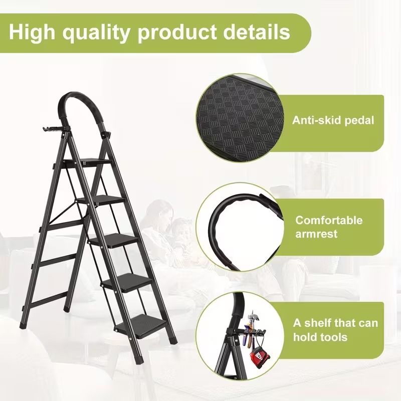 5 Step Ladder with Anti-Slip Pedals, Foldable Steel Step Stool with Tool Tray, 300LBS Capacity Portable Ladder for Home, Kitchen, Library, Office