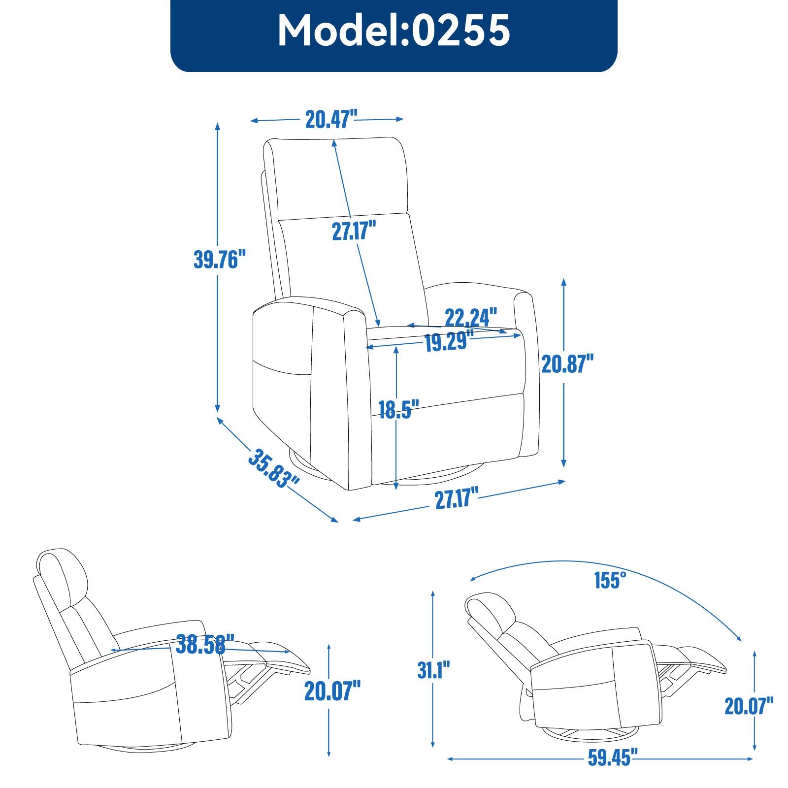 Heat Massage Manual Recliner Chair with Rocker and Swivel in Fabric for Living Room, Beige