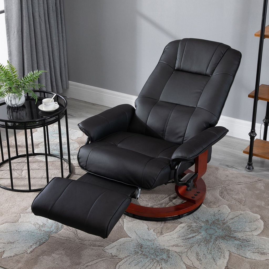 Living Room Relaxation: Black Faux Leather Swivel Recliner with Adjustable Footrest