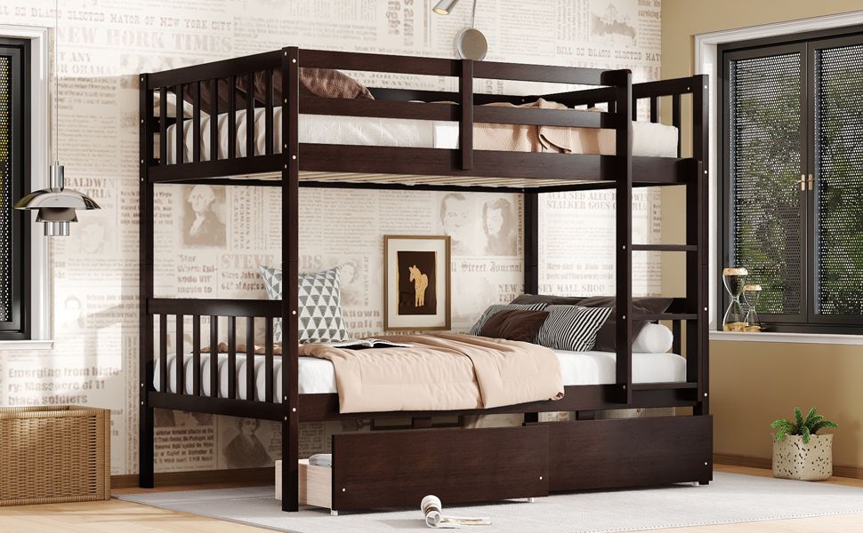 Twin Over Twin Rubber Wood Bunk Bed with 2 Drawers, Convertible into 2 Twin Beds, Twin Size Bunk Bed with Ladder and Safety Guardrails