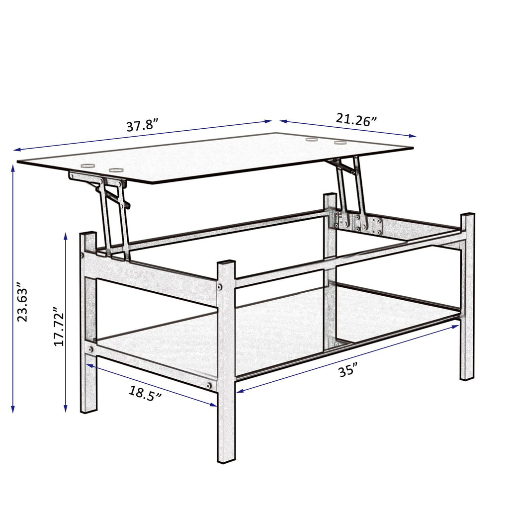 Glass Lift Top Coffee Table;  Modern Simple 2-Layer Tempered Glass Coffee Table for Living Room;  Black