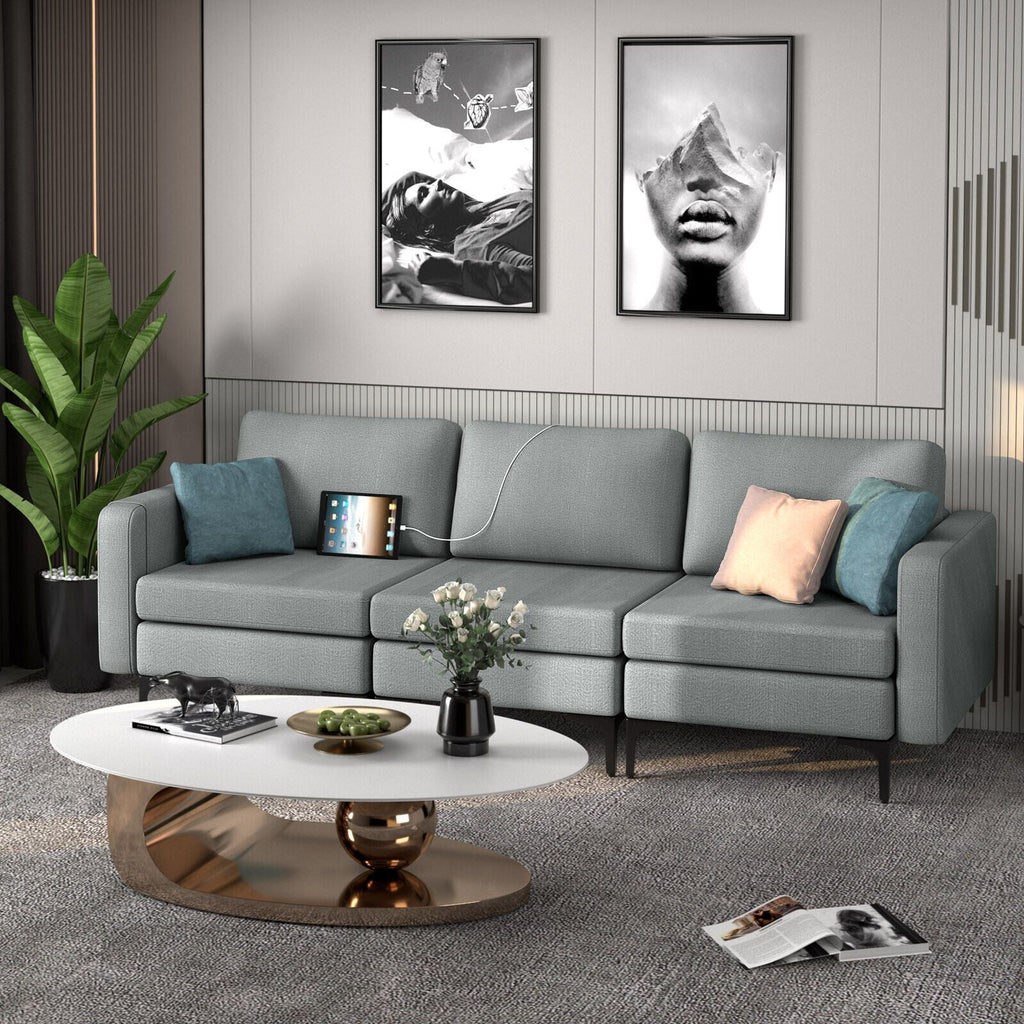 Convertible Sofa Couch with Magazine Pockets 3-Seat with 2 USB Port