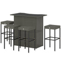 5 Piece Rattan Wicker Bar Set, High Top Outdoor Table and Chairs, Bar Height Patio Set, 2 Shelves & 4 Bar Stools, Gray