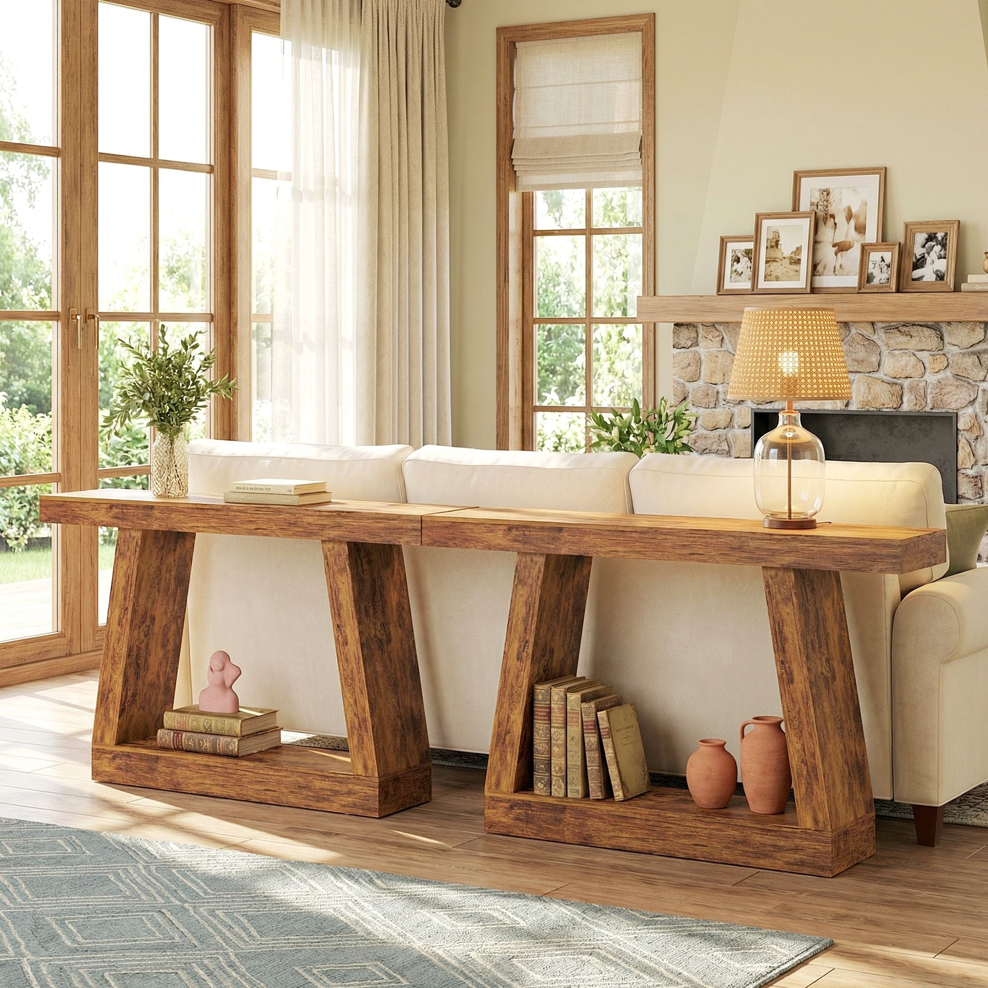 55" Farmhouse Console Table, 2-Tier Entryway Table with Storage for Hallway, Living Room, Behind Couch, Rustic Brown