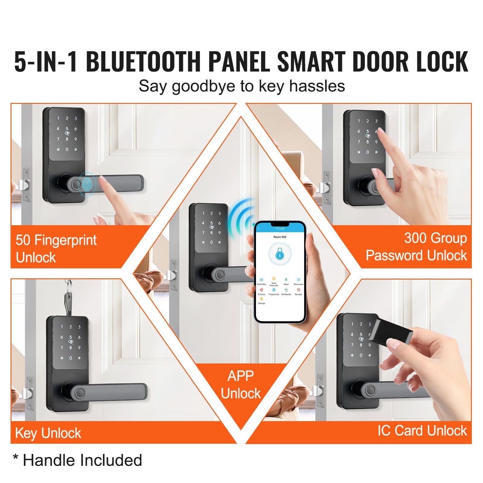 Smart Lock, 5-in-1 Smart Door Knob, Fingerprint Deadbolt with App Control, Bluetooth Smart Lock, Keyless Entry Door Lock with Handle, Biometric Door Lock, Keypad Digital Door Lock for Front Door