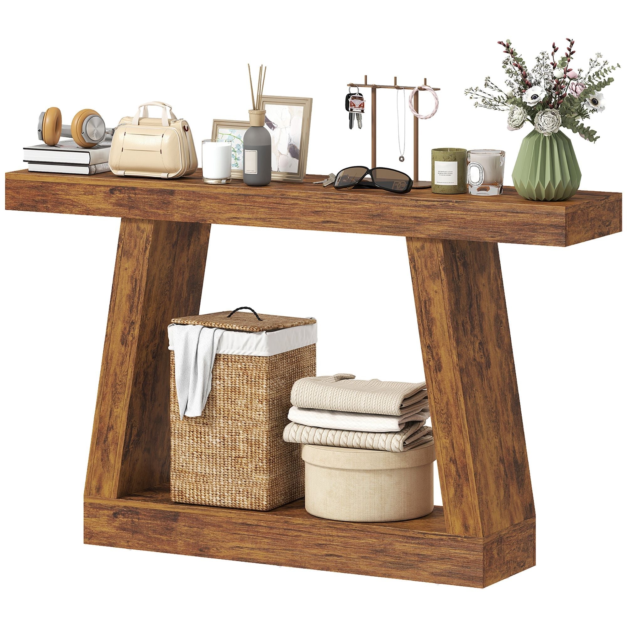 55" Farmhouse Console Table, 2-Tier Entryway Table with Storage for Hallway, Living Room, Behind Couch, Rustic Brown