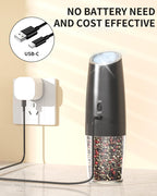 Rechargeable Electric Salt and Pepper Grinder Set Gravity Salt and Pepper Mills Set with LED Light, No Battery Needed, Adjustable Coarseness, Washable 135ml Container, Black