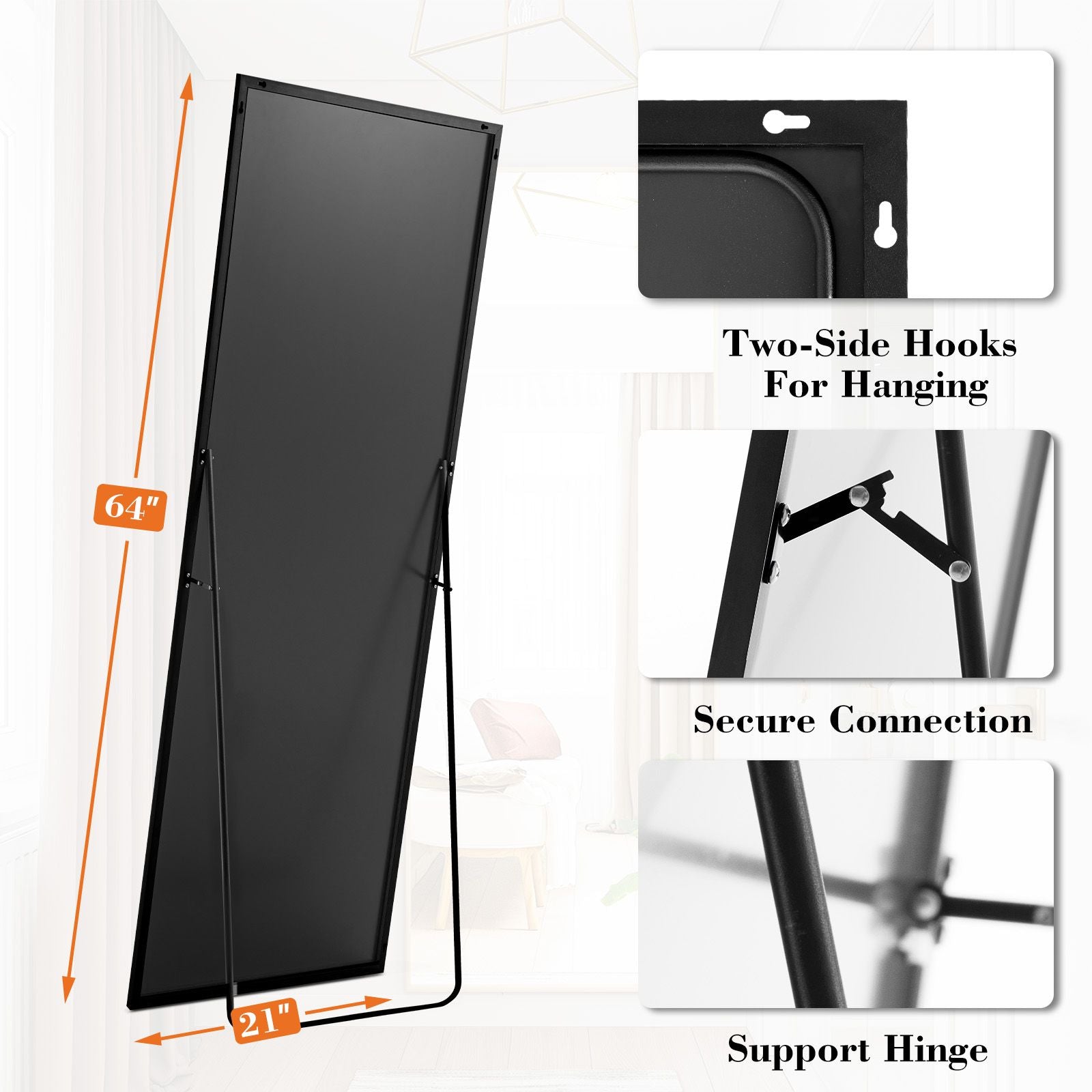 Floor Standing Mirror, Wall Mirror with Stand Aluminum Alloy Thin Frame,21''*64'',Black-rect