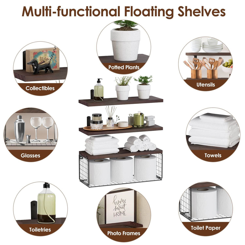 Rustic 2-in-1 Floating Shelves & Storage Basket - Durable Paulownia Wood, 66Lbs Capacity, Corrosion-Resistant Wall Decor