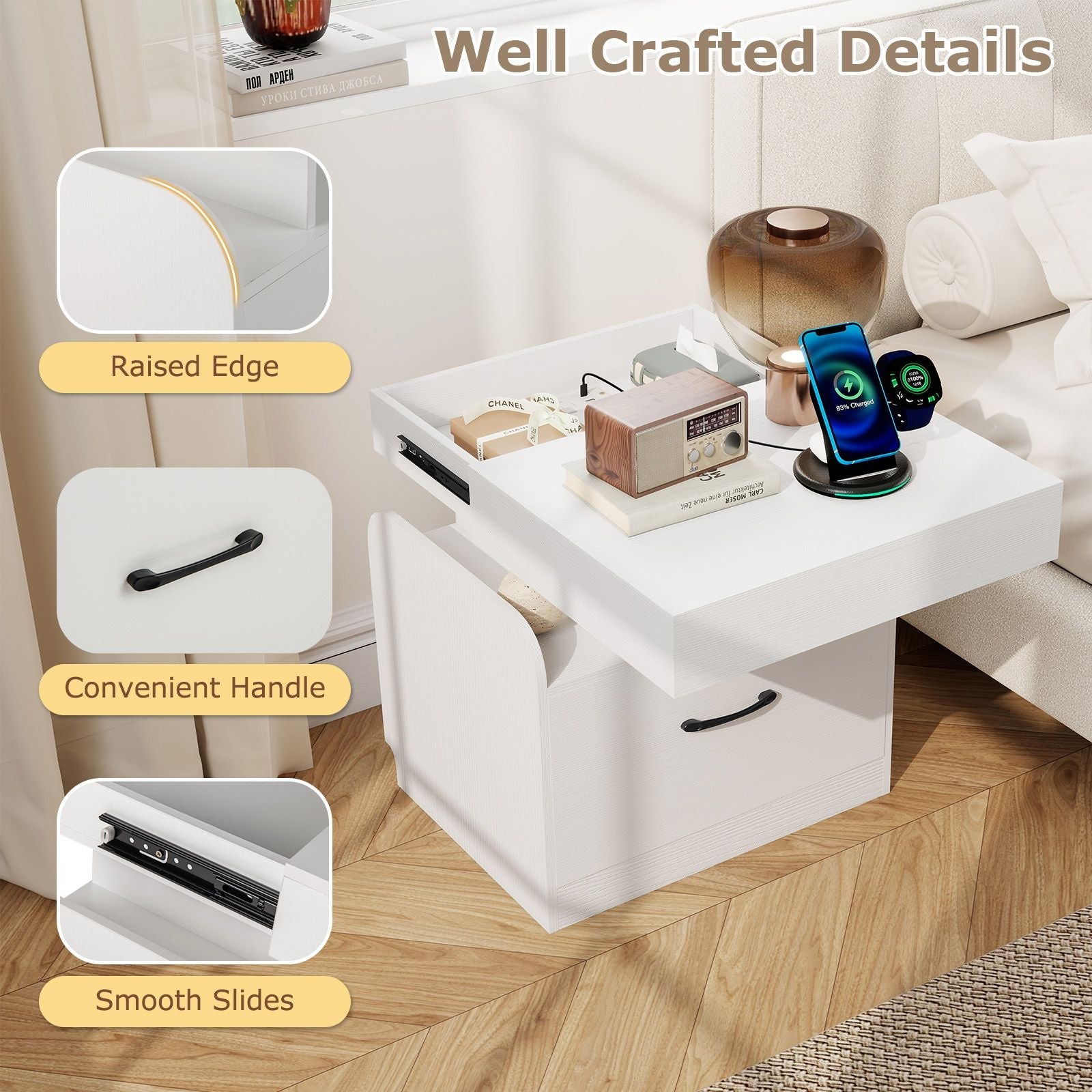 Nightstand with Charging Station Modern Bedside Table for Living Room Bedroom Office