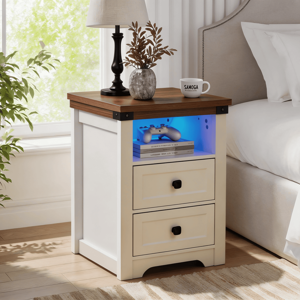 Farmhouse Side Table with Charging Station, Antique Nightstands with Drawers, Bedside Table with Open Shelf for Bedroom