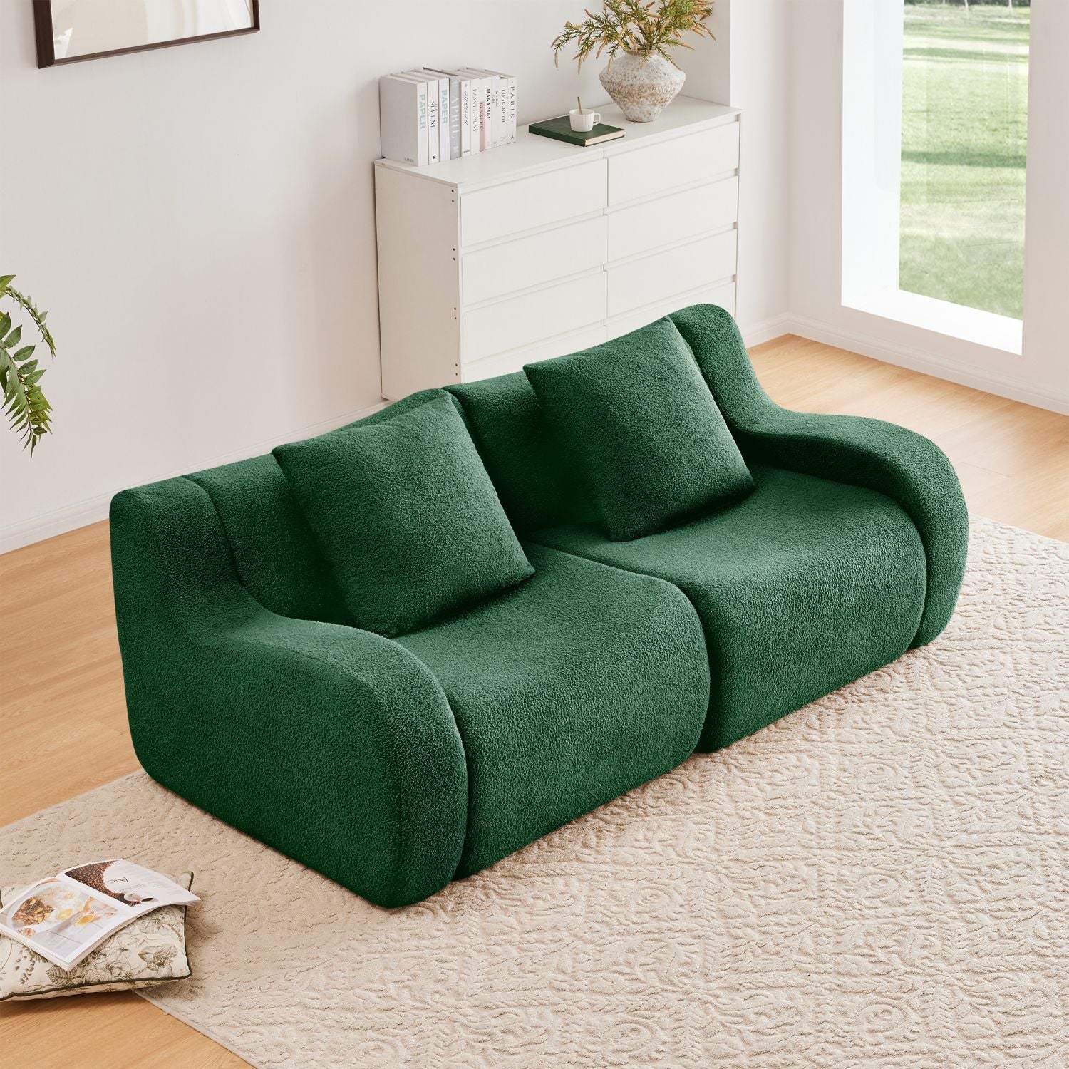 Soft Teddy Fabric Boneless Sofa,No Assembly Required Streamlined Design,Anti-Slip Design 32D High Density Sponge Fits Living Rooms Bedrooms,Green