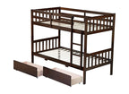 Twin Over Twin Rubber Wood Bunk Bed with 2 Drawers, Convertible into 2 Twin Beds, Twin Size Bunk Bed with Ladder and Safety Guardrails