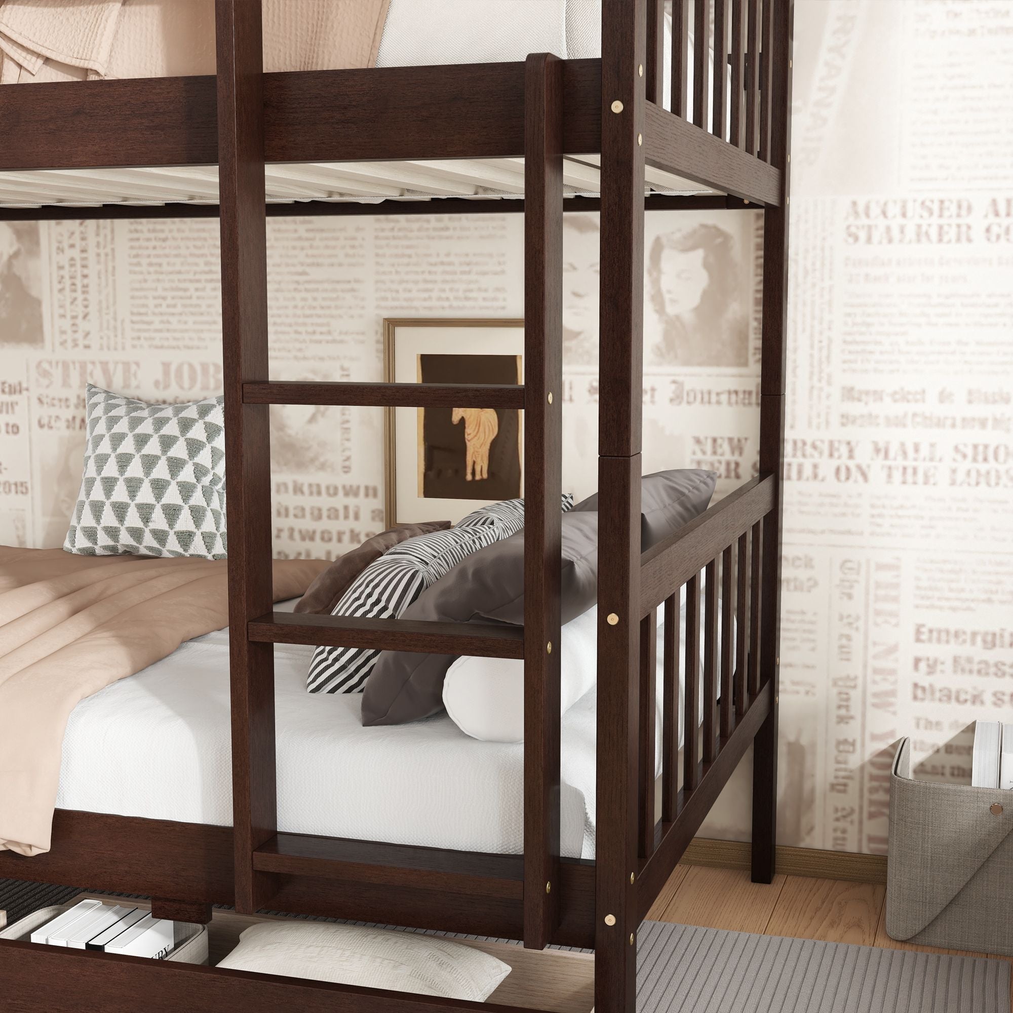 Twin Over Twin Rubber Wood Bunk Bed with 2 Drawers, Convertible into 2 Twin Beds, Twin Size Bunk Bed with Ladder and Safety Guardrails
