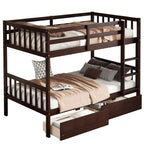 Twin Over Twin Rubber Wood Bunk Bed with 2 Drawers, Convertible into 2 Twin Beds, Twin Size Bunk Bed with Ladder and Safety Guardrails
