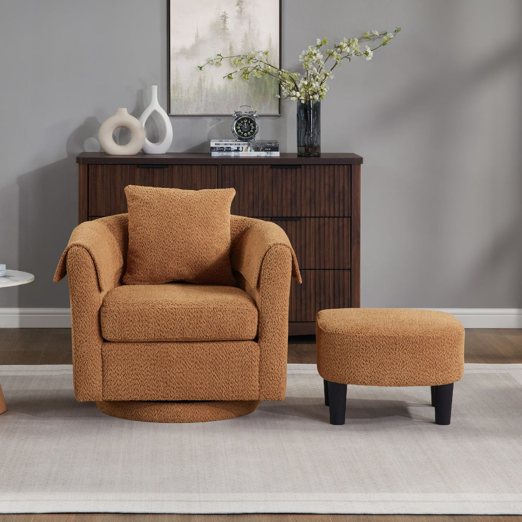 Swivel Accent Chair with Ottoman Set, Modern Chenille Barrel Armchair with Removable Back Pillow & 2 Armrest Covers for Living Room, Bedroom, Office, Yellow