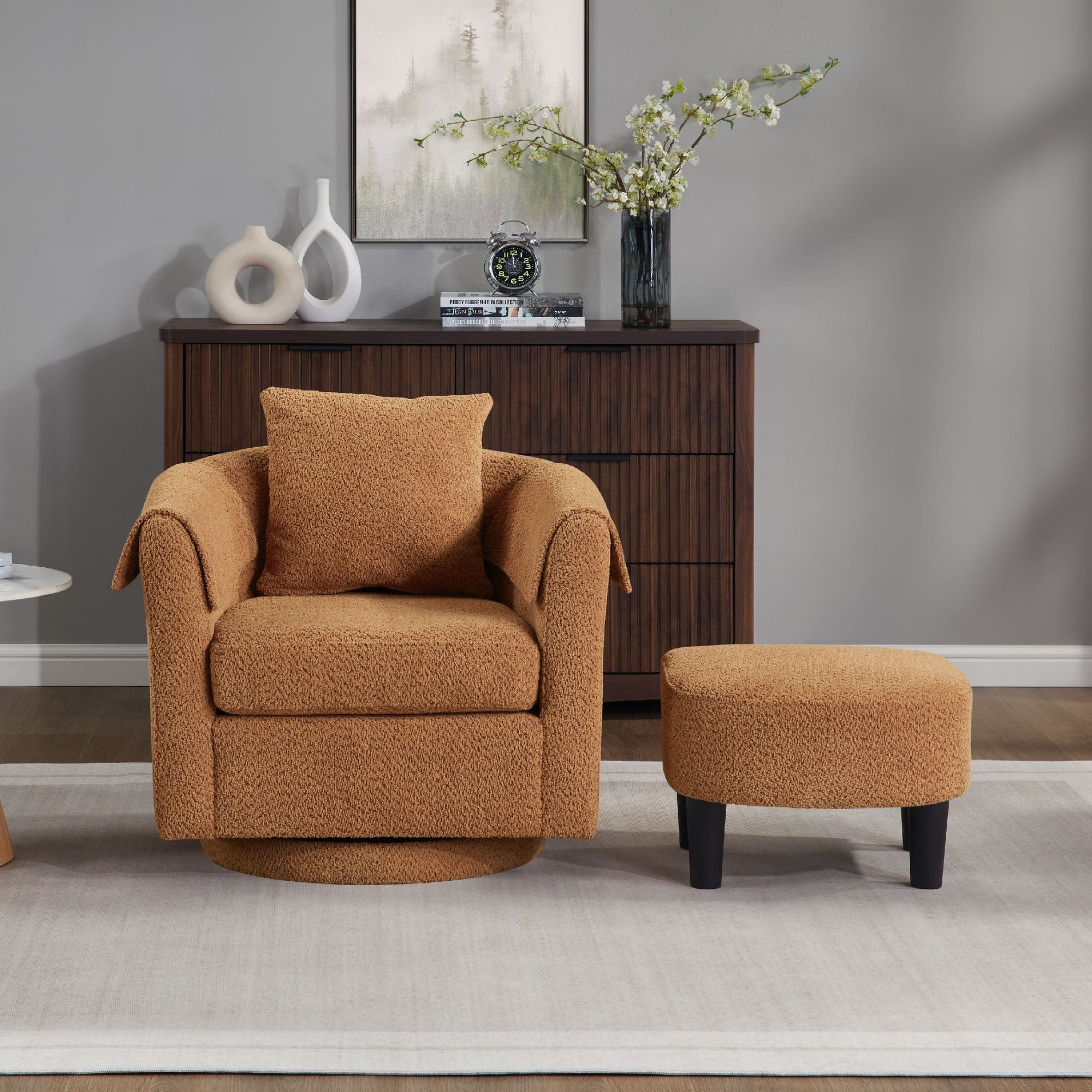 Swivel Accent Chair with Ottoman Set, Modern Chenille Barrel Armchair with Removable Back Pillow & 2 Armrest Covers for Living Room, Bedroom, Office, Yellow
