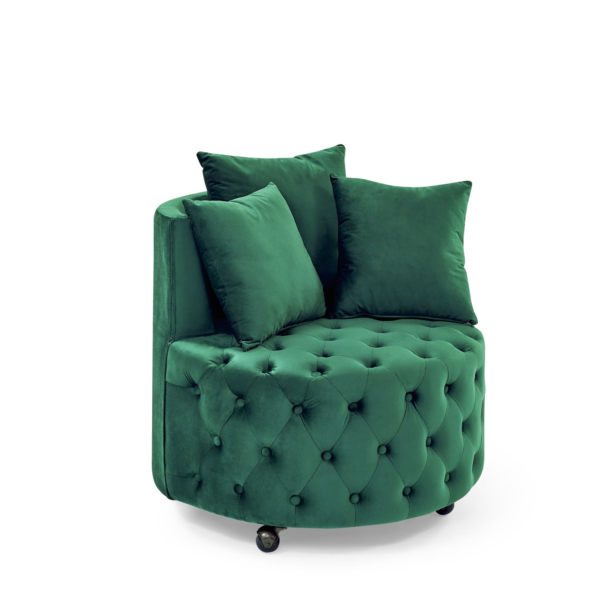 Velvet Upholstered Swivel Chair for Living Room, with Button Tufted Design and Movable Wheels, Including 3 Pillows