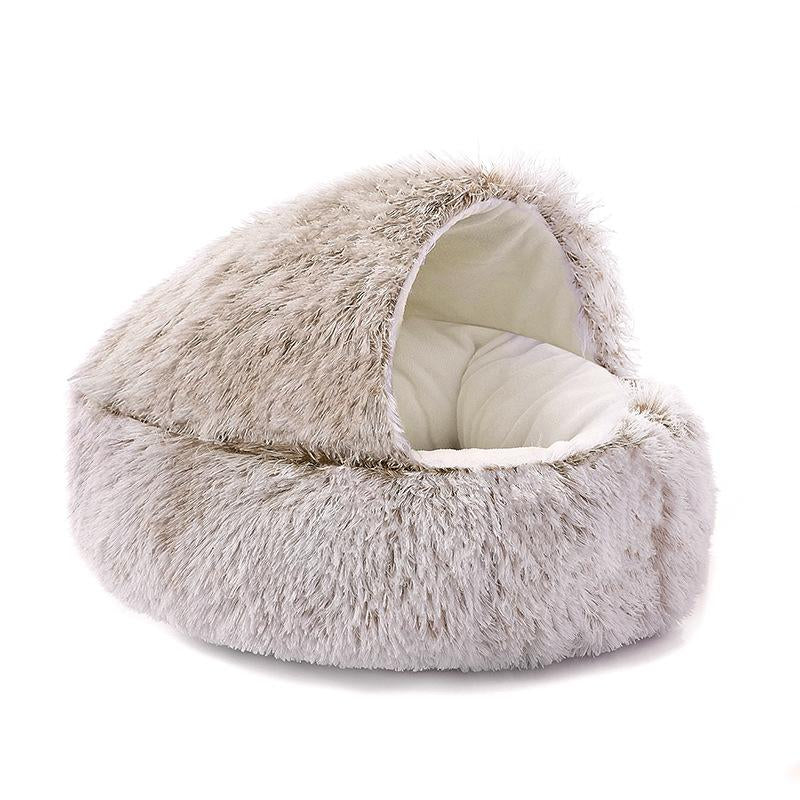 Warm Cat Bed round Plush Fluffy Hooded Cat Bed Cave, Cozy for Indoor Cats or Small Dog Beds, Soothing Pet Beds Doughnut Calm Anti-Nxiety Dog Bed - Waterproof Bottom Washable, 20Inches Soft 2-In-1 Covered Cat Bed Cushion