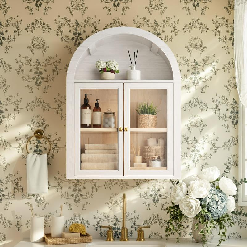 Arched Wall Mounted Medicine Cabinets with Tempered Glass Doors,Bathroom Cabinet with Adjustable Shelf for Kitchen,Living Room