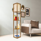 Pinnacle - Shelf Floor Lamp For Bedroom / Living Room, Long Shade - Natural Wood / White